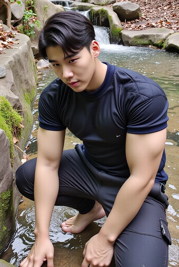 20-year-old boy ,Korean male officer.,handsome ,nude , naked., Wearing only Dark navy thong, no pants, Black boots and dark navy gloves.,sit on the ground , His legs spread apart.............................., Police Logo ,tight breasts ,Muscle Man , ((The arm muscles are very large.................)) ,large , Wide shoulders ,open legs ,............................................. ,Large long bulge pointing upwards..................................... ,Sexually suggestive, (Dynamic Poses:1.1) , thights , (Embossed Focus:1.2),On your knees......................., ,It's raining ,Mud Pond , Best qualtiy , Wide lens ,deep depth of field ,Bokeh background , nsfw , eroticism, arms up , handsome korean boy