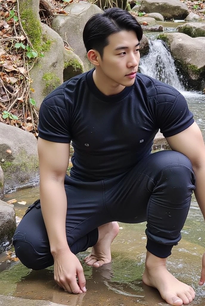20-year-old boy ,Korean male officer ,Thin mustache...,handsome ,Wear a dark navy short-sleeved shirt............., Wearing only Dark navy thong, no pants, Black boots and dark navy gloves.,sit on the ground , His legs spread apart.............................., Police Logo ,tight breasts ,Muscle Man , ((The arm muscles are very large.................)) ,large , Wide shoulders ,open legs ,............................................. ,Large long bulge pointing upwards..................................... ,Sexually suggestive, (Dynamic Poses:1.1) , thights , (Embossed Focus:1.2),On your knees......................., ,It's raining ,Mud Pond , Best qualtiy , Wide lens ,deep depth of field ,Bokeh background , nsfw , eroticism, arms up , handsome korean boy