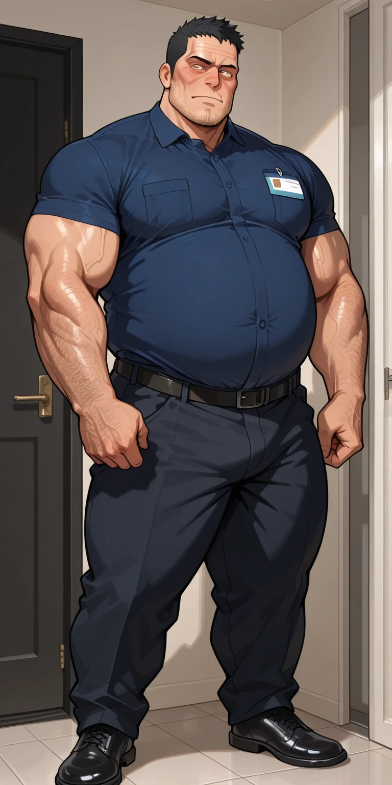 Middle-aged men,office worker,(((Fat guy))),((Black blindfold)),(((Fat man))),(((Potbelly)),(The shirt is unbuttoned on the upper half,Lower body naked),Get on the desk,Do the splits,Huge penis,Hairy,He's ejaculating,Huge penis,Correct body structure,masterpiece,Highest quality