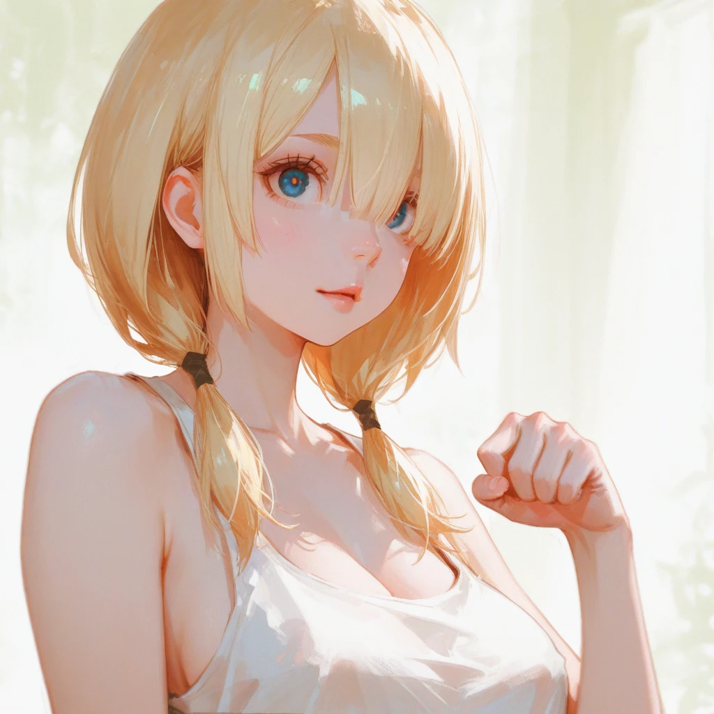 optimum,tmasterpiece,hight resolution,best qualtiy,hyper HD,super detailing,awardwinning,16 K,独奏,(The upper part of the body),anatomy correct,Beautiful cyberpunk girl,Cowboy Shot、cute face,,a blond、Longhaire、Twin-tailed、Braids, Hairline,((scarlet eyes)),long eyelasher,Hanging eye corners,White skin of the,Shoot from below, ((white t-shirts:1.5)), ((Sheer nipples))、Rocket Tits, (Slim body),