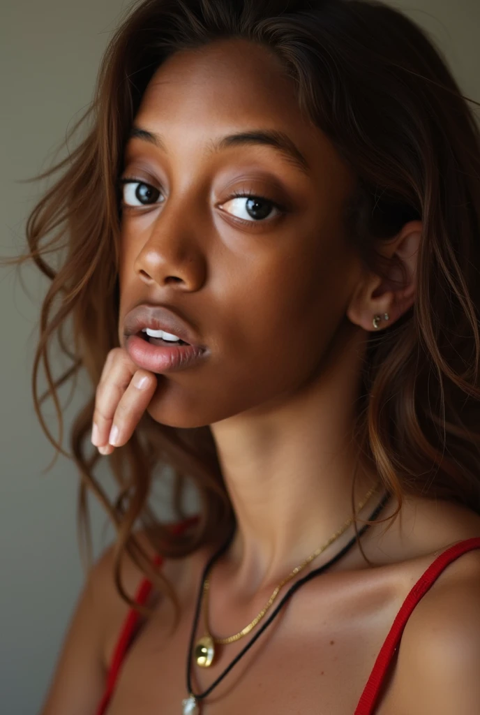 naked sexy woman with big tits, blonde hair tied up with a ponytail, dark skin, slit eyes, thick lips, small nose
