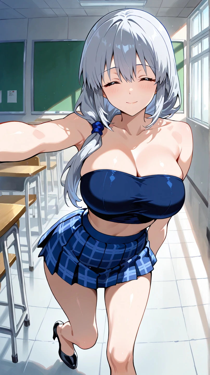 8k, Highest quality, masterpiece, Wallpapers by Unity 8k, Study room、(One Girl) , 、 Perfect detail,(One Girl),cute、Big eyes、(((Silver Hair))),(Her hair color is a blue-gray gradient), Semi-long hair, Very detailed, Complex,Large breasts、bikini、summer、Ocean、blue sky