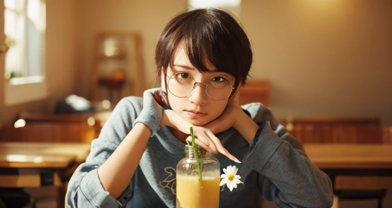 (8k, RAW photo, best quality, masterpiece), (photo realistic), outstanding details, ultra-high resolution, anatomically correct, textured skin, (Extremely precise and accurate anatomy),
Ultra Detailed Face, Detailed Eyes,
((full body:1.4)),
A cute 35 year old Japanese girl,(Relaxing and reading a book in a comfortable chair at a stylish open-air cafe), (Iced tea and a few books on the table:1.4),
(looking at viewer:1.4),
(faint smile), (Mouth slightly open:0.1),
((low chignon hair:1.4)), (Small nose:1.2) , (small mouth:1.2),
(Ultra Detailed Rimless small glasses), pupils sparkling, thin lips, thin eyebrows,
dark brown hair, Forehead,
Earrings, Necklace,
morning sun, (backlighting),
reflection light from below,
atmospheric perspective, depth of field,
(dramatic lighting), cinematic lighting,