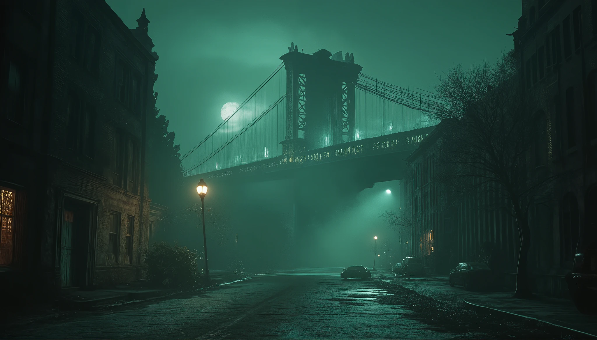 "A chilling, moonlit night in Philadelphia, where the city's iconic skyline is shrouded in eerie mist. The streets are deserted, flickering streetlights cast long, distorted shadows, and an unnatural fog swirls around abandoned cars. The historic buildings, like City Hall and the Liberty Bell, appear decayed and ghostly, their windows glowing with an unnatural greenish light. Pale, spectral figures drift through the alleys, their hollow eyes watching unseen. The Delaware River reflects a blood-red moon, and twisted, leafless trees claw at the sky like skeletal hands. A distant, echoing whisper fills the air, and faint, ghostly apparitions float above the cobblestone streets. The atmosphere is heavy with dread, as if the city itself is alive with malevolent energy. Hyper-detailed, cinematic lighting, dark gothic tones, and a hauntingly realistic style."
"A monstrous, shadowy figure looms over the Ben Franklin Bridge, its glowing eyes piercing the fog."