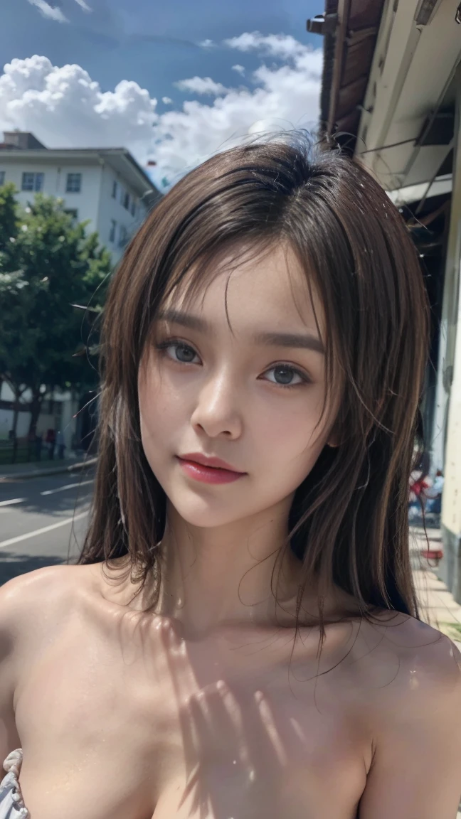 best quality, masterpiece, ultra high resolution, (reality: 1.4), original photo, one girl, 23 years old:1.2, Off-shoulder with vivid colors, Cinema Lighting、portrait、amusement park at night、big bust