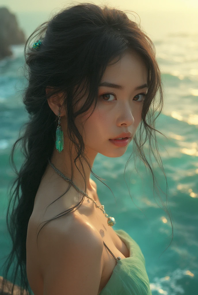 (full portrait), (half shot), solo, detailed background, detailed face, (stonepunkAI, stone theme:1.1), wise, (female), (native american), (beautiful hair, braids:0.2), shaman, septum piercing, mystical, (gorgeous face), stunning, head tilted upwards, (eyes closed, serene expression), calm, meditating, Seafoam Green frayed clothes, prayer beads, tribal jewelry, feathers in hair, headdress:0.33, jade, obsidian, detailed clothing, cleavage, realistic skin texture, (floating particles, water swirling, embers, ritual, whirlwind, wind:1.2), sharp focus, volumetric lighting, good highlights, good shading, subsurface scattering, intricate, highly detailed, ((cinematic)), dramatic, (highest quality, award winning, masterpiece:1.5), (photorealistic:1.5), (intricate symmetrical warpaint:0.5),