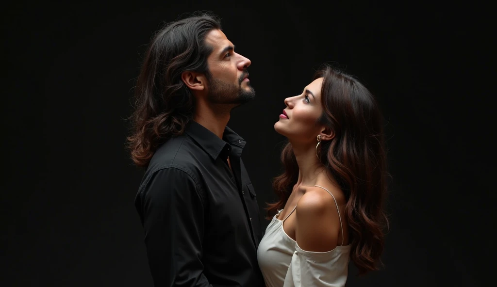 " Create a girl and a boy from behind looking at each other with love. The girl has long wavy black hair. she is wearing a red dress, dwcovered shoulders. The boy has somewhat messy copper hair. He is wearing a black sweater, suit pants. The light hits him from behind. Digital illustration of book characters " 