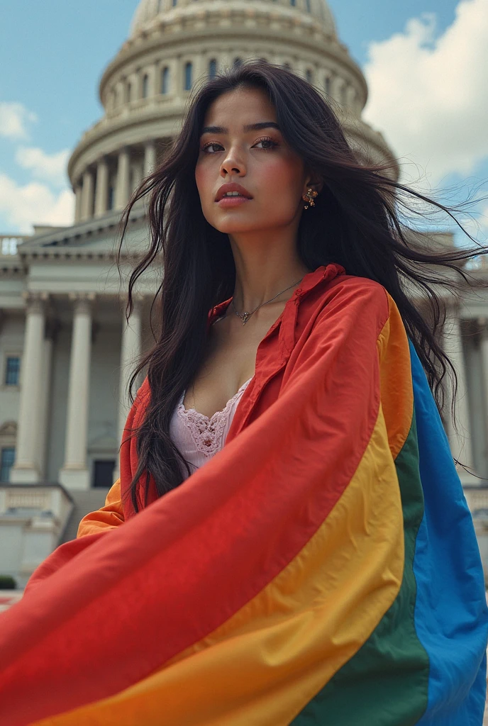 portrait, Film still, cinematic, fashion editorial portrait of a woman, long straight hair, motion blur, slow shutter speed, bokeh, shot on film, sharp focus, shot on canon, vibrant tones, colorful, detailed skin texture, detailed eyes, explosive color