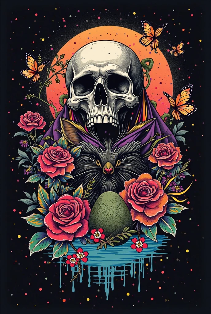 By (dan mumford: 1.4)A detailed illustration of a Dead Skull, T-shirt design, T-shirt design, Studio Ghibli style, cute and quirky, fantasy art, watercolor effect, bokeh, Adobe Illustrator, hand drawn, digital painting, low-poly, soft lighting, panoramic view, retro aesthetic, character-focused, 4K resolution