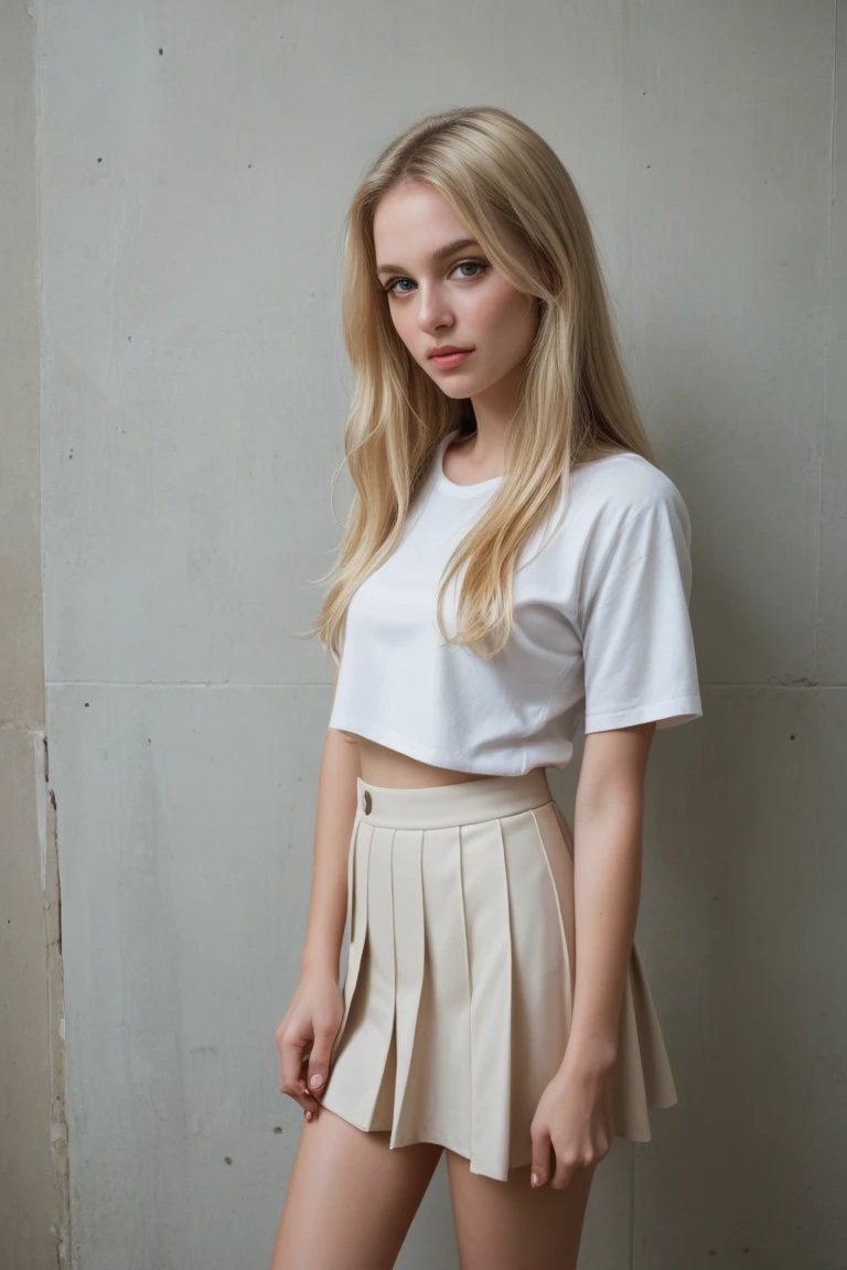White girl, 8k, in a skirt, at home, realistic