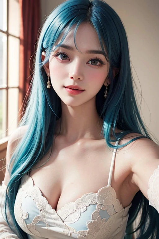 Realistic, A full portrait of a young girl, Perfect body, perfect professional pose, 20-year-old. Musical blue hair, Beautiful and realistic light blue eyes; Beautiful white teeth, Smile, Charm, Create the most beautiful and perfect face in the world, Hand-drawn, detailed, highest quality 3D 8K, Perfect white skin, Beautiful appearance, Multicolor Liquid Acrylic, Wet marble body, Michael Garmash, Daniel F. Gerhartz, Cinema Lighting, Waterfall Scenery, Volumetric lighting, Clean and smooth art, smooth pulp adventure , Gorgeous patterns, elegant organic frame, Surrealism, Masterpiece Collection, Realistic colors, Wet Gouache. Best image quality, The most detailed 8K.