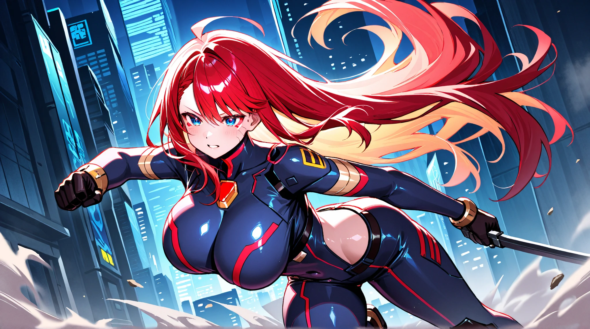 best quality,4k,8k,highres,masterpiece:1.2),ultra-detailed, extremely detailed eyes, extremely detailed body, (large masterpiece digital art), (detailed manga illustration), (detailed line art), ((perfect anatomy)), (intricate details:1.3), (ultra-detailed:1.3), (illustration:1.3), (sharp focus:1.3), (natural lighting:1.05), (vivid colors:1.3), (masterpiece), (best quality:1.4), (perfect anatomy:1.4), high quality, expressive eyes, full body, detailed face, beautiful face, perfect face, 1 girl, breasts, cleavage, gloves, huge breasts, cyberpunk clothes, jacket, black jacket, very long hair, thigh length hair, ({dark skin}), dark-skinned female ,detailed ((red hair)), messy hair, green eyes, hourglass physique, bodysuit, ultramarine bodysuit, sleeveless, shorts, thick thighs, toned, captain marvel emblem, emblem, superhero, dynamic lighting, cinematic lighting, dynamic heroic pose, smiling, outer space background, curvy,