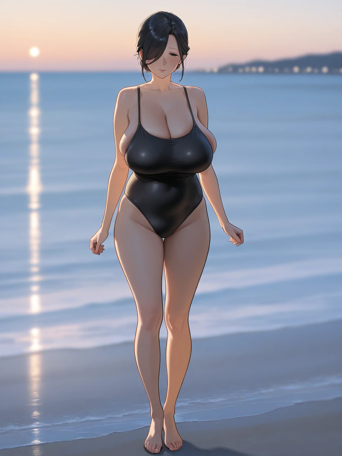 1girl, woman, naked, , , curvy woman, huge boobs, huge ass, huge tits, on beach, masterpiece, high quality, hd, very detailed