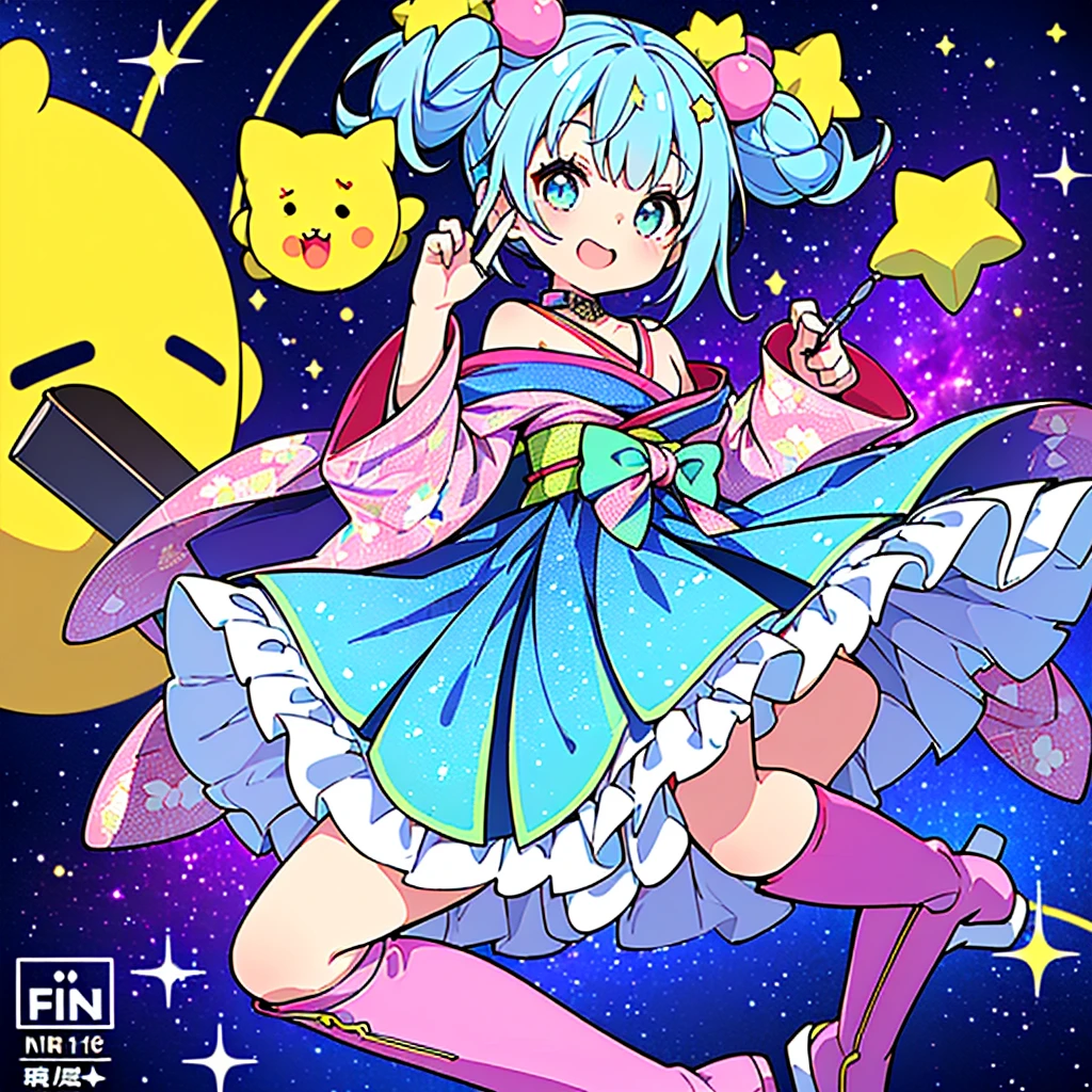 One Girl, alone, Perfect body, (highest quality:1.5), Tabletop, Hmph、Shaders、Great textured piece、(Pokemon:1.2)、Pink Hair、(Big twin tails:1.1)、(Tube top:1.3)、(hot pants:1.3)、(Star piercing in the ear:1.1)、Big ample breasts、I can see the valley、belly button、break、Sharp Eye、Three white eyes、Front Angle、Shoulders out、No sleeve、Glowing Eyes、