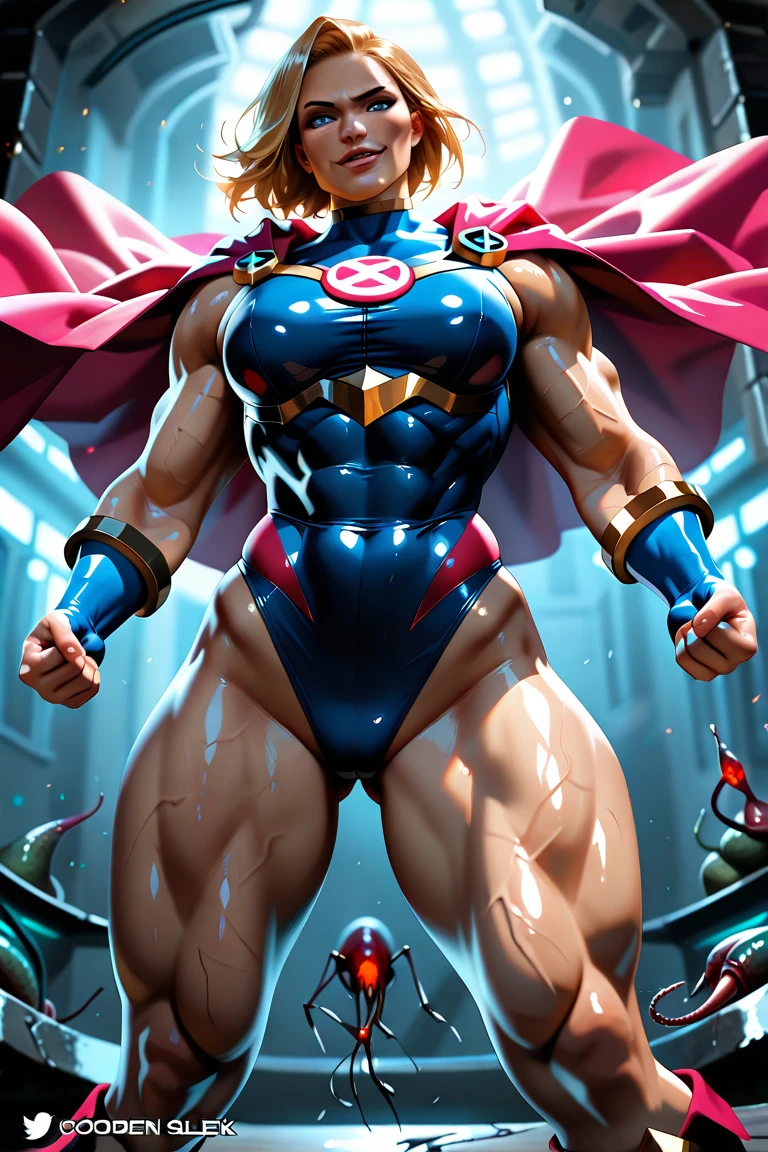 (Busty muscular brute cute Lorah, huge strong biceps volume, huge firm breasts volume, enormous tits volume, strong tonned exposed abs, muscular strong legs, bodybuilder muscles bursting in strength, exposed abs skin, tight superheroine leather blue underwear, light orange cape, ginger hair, blue eyes, night city background, socks
