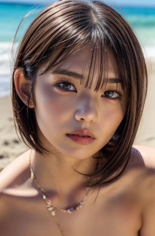 (at beach, 1 girl, plump, round face, flat chest, white micro bikini, medium bob hair, brown hair, dancing, sexy pose:1.5), fair-skinned, glossy lips, body type, delicate and sexy clavicle, highest quality, RAW photo, realistic, face, incredibly ridiculous beautiful girl, cute, Depth of bounds written, High resolution, ultra detail, detailed, Very detailed, extremely detailed eye and face, sharp pupils, sharp focus