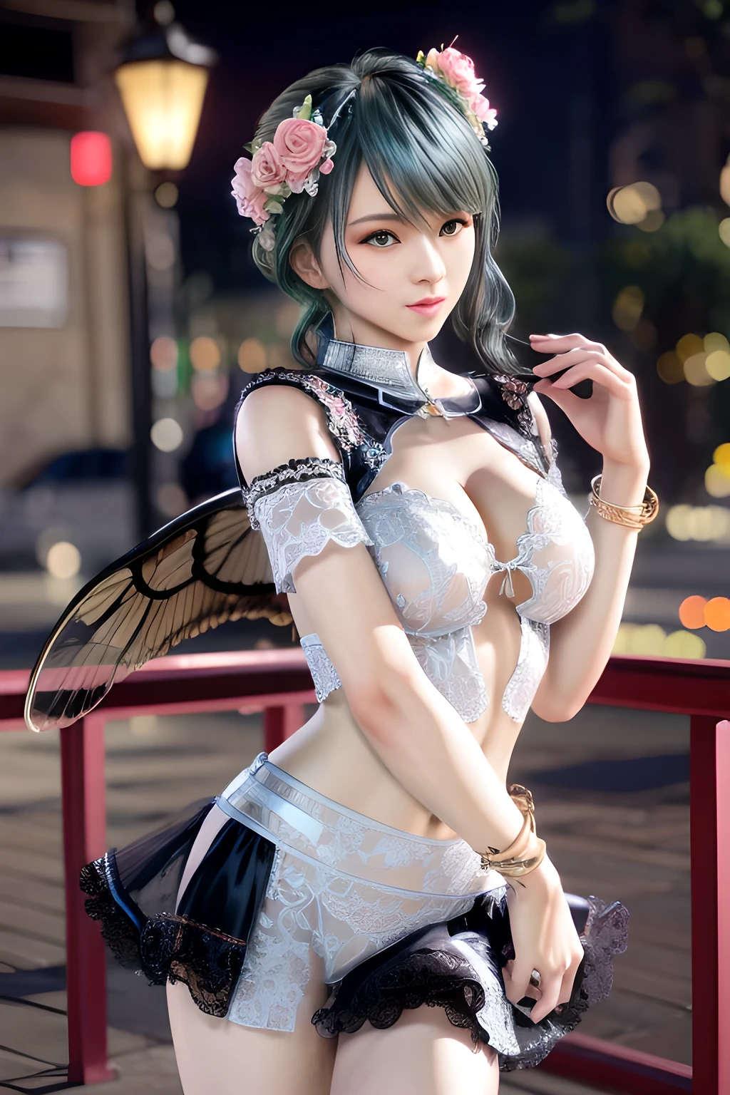 (((RAW photo , insanely detailed, highest quality, high resolution,))) (((white hair Beach waves hairstyle))), (((cosmetics))), ((((White catgirl, )))) break、(contrast:1), full body、,insanely detailed face,  smile、happy、 large breasts、 full body、 break、Antonio Riva dress:1.1,dress made of slightly transparent fabric:1.3、many butterflies are flying, break、midnight:1.2、break, (realistic:1.1), impressionism), (extremely intricate:1.2), side profile of a fairy princess, high fantasy, (long gradient hair),  beautiful face, half-closed eyes, (fairy:1.2), praying, (empire dress), jewelry, blue skin, pointy ears, AND (transparent  black butterfly wings on her back:1.5), BREAK、 (in the enchanted flower garden:1.3), ( pink neon flowers and trees), (night:1.4), (pink neon fireflies), lots of   black particles, black particles,