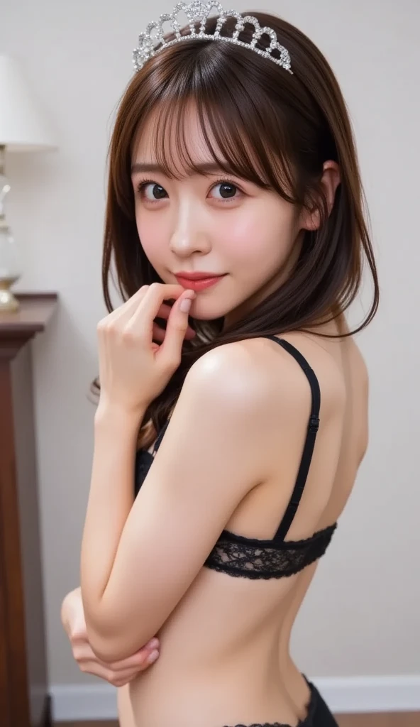 Medium Hair,short bangs,downblouse、(show off panty:1.3)、(arched back:1.3)、(black underwear:1.2)、(top-quality、8K、32K、masterpiece)、japanes、Very pretty girl、a beauty girl、crouching down、Bright smile