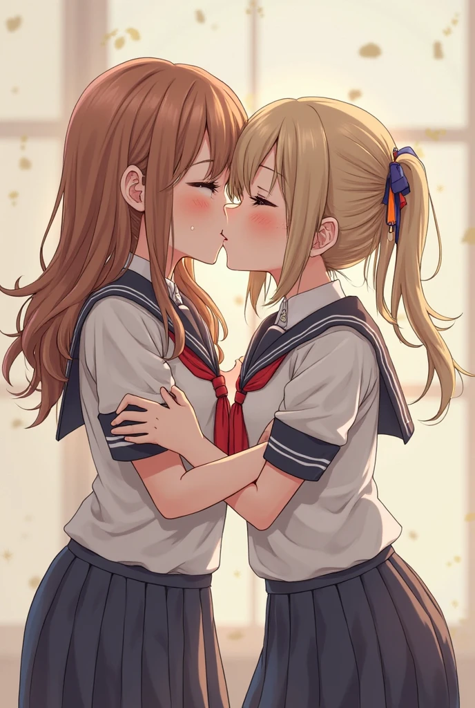 (high quality, 8K, 4K, High Contrast, masterpiece:1.2, 最high quality, Best aesthetics), 2 girls, Blonde hair and lilac eyes, Brown hair and brown eyes, Blushing, Embarrassment, Sailor suit, mini skirt, French kiss, Kiss on the mouth, Tongue kiss, Intimate, Browsing Caution, saliva, bedに腰かけて, Blushed, close your eyes, night, Dim lighting, bed, Silk sheets, cushion, Be alone in your room...