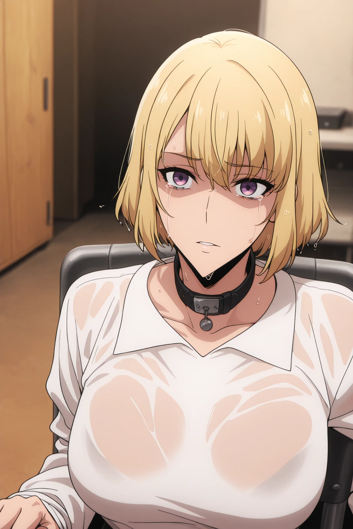 1 girl,short hair,blonde hair,purple eyes,cat ears,collar,chain,embarrasment,blush,tied up,restricted,on the chair,big breast,being fingered by a man,naked,tall woman