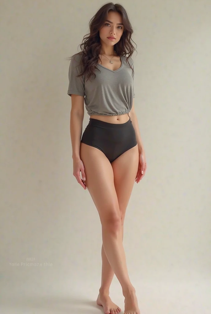 Beautiful 26 years old woman, 170cm high, 60 kg weight, white skin, long curly dark hair, green eyes, hairstyle, wearing very small green cropped tank top, barely covers her nipples, shorts, heels, looking to somewhere else, (((street))), close to the window, laughing out loud, natural morning light, realistic portrait, highly detailed, analog style, deep cleavage, breast, nipple, (((full body))), ballet pose