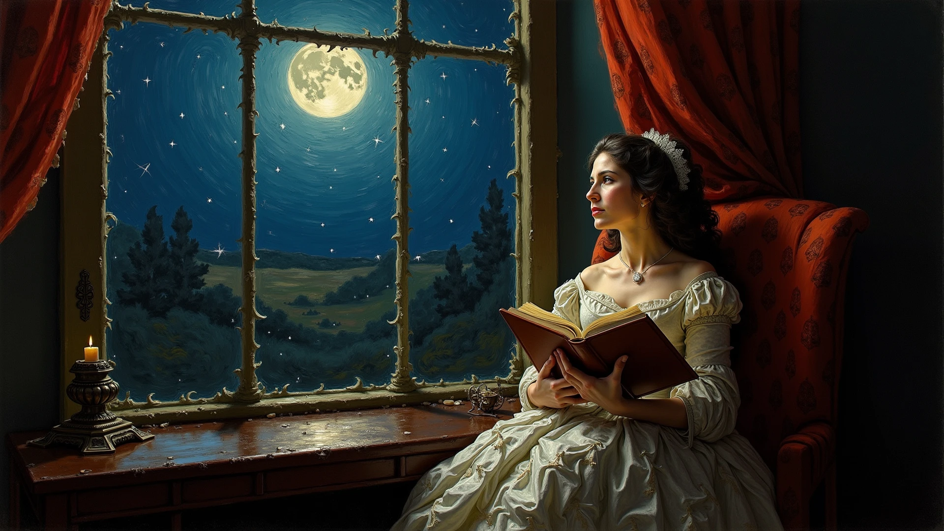 Marie Anne lenormand, white woman with black curly hair, sitting in front of a table reading the Lenormand oracle, in the background a neoclassical French-style living room ,Beautiful line art photo,Use gold strokes and rainbow paint,Golden Maiden,the golden ratio,Melted wax,Visible brush strokes,surrounded by crystal spheres,3D Mosaic Wireframe,neuroimaging,neurons,colours,california,intense emotion,oil on canvas,Thick strokes,insanely details,8k ultra high definition,tmasterpiece,art station