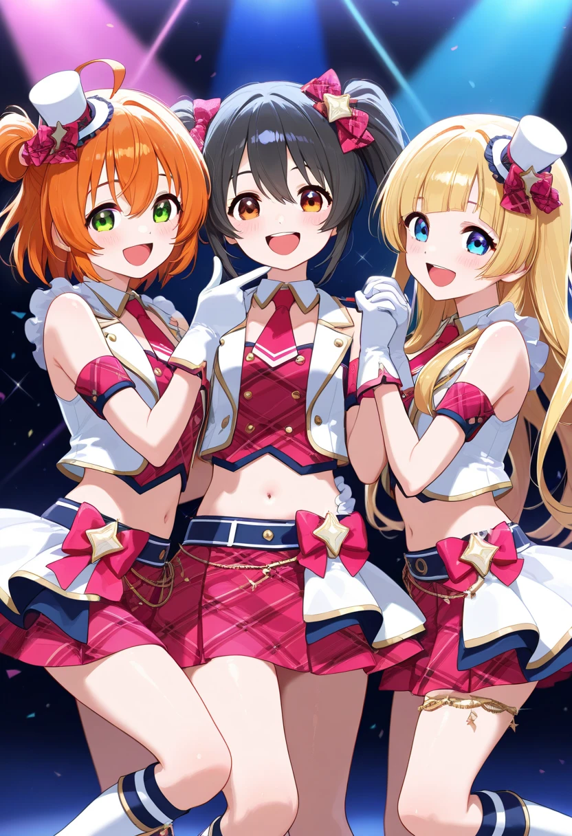 ((masterpiece、Highest quality、Official Art))、snap shot、Idol Concert、Concert Stage、(3人のcute naked girls、12 years old、smile、sing、dance、Ribbon headband、Ultra mini skirt:1.2、Idol Costumes:1.3 )、Exposing the breasts、Hair of different colorr.々Hair style、(((Full nudity、Pussy、cute)))、(Sweat a lot、Glowing Skin)、Anime key visual, ((The characters are unique))