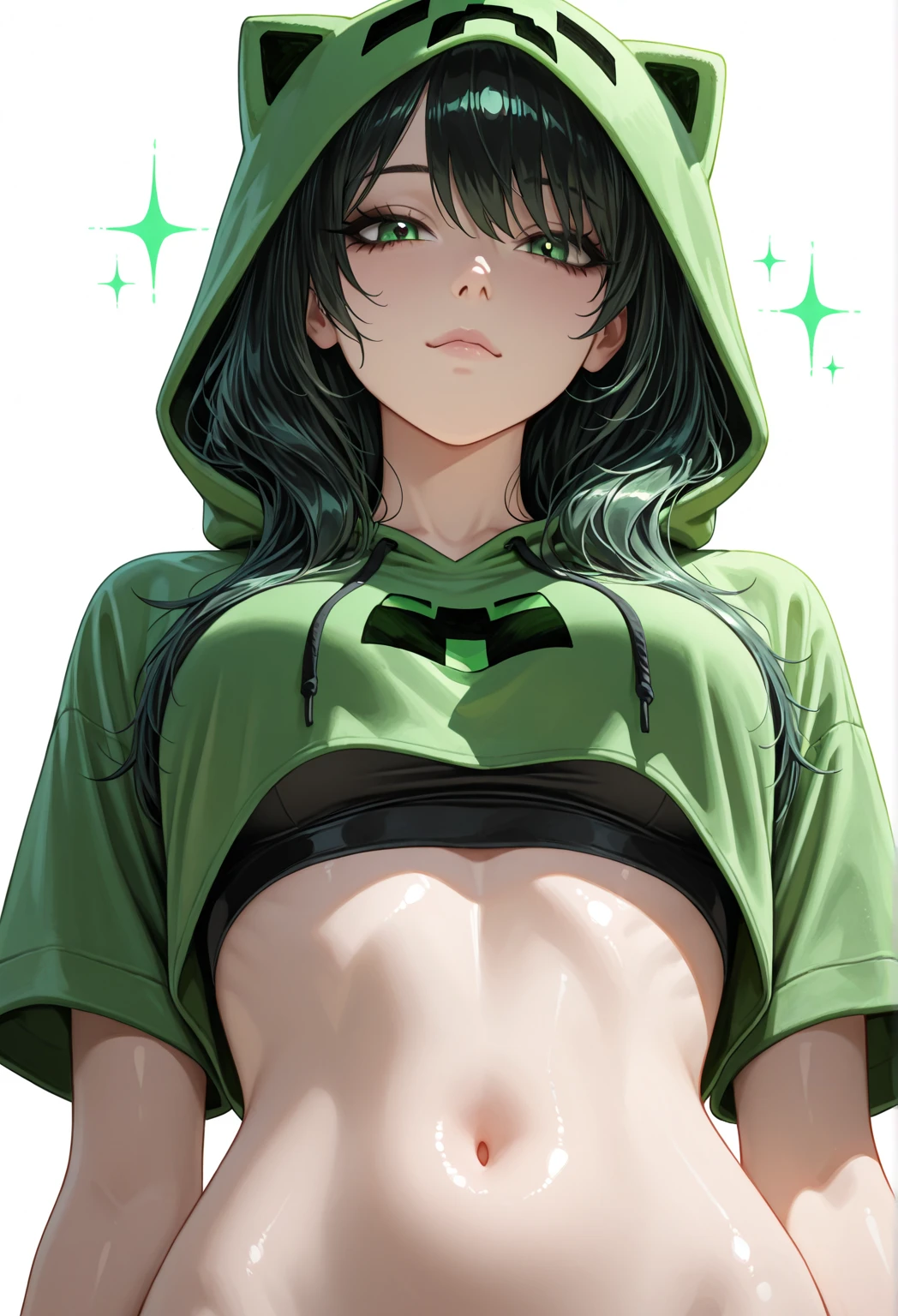 Cute girl, short green hair, green eyes, phone battery tattoo 🪫 on her stomach, big breasts, exposed stomach, short pants