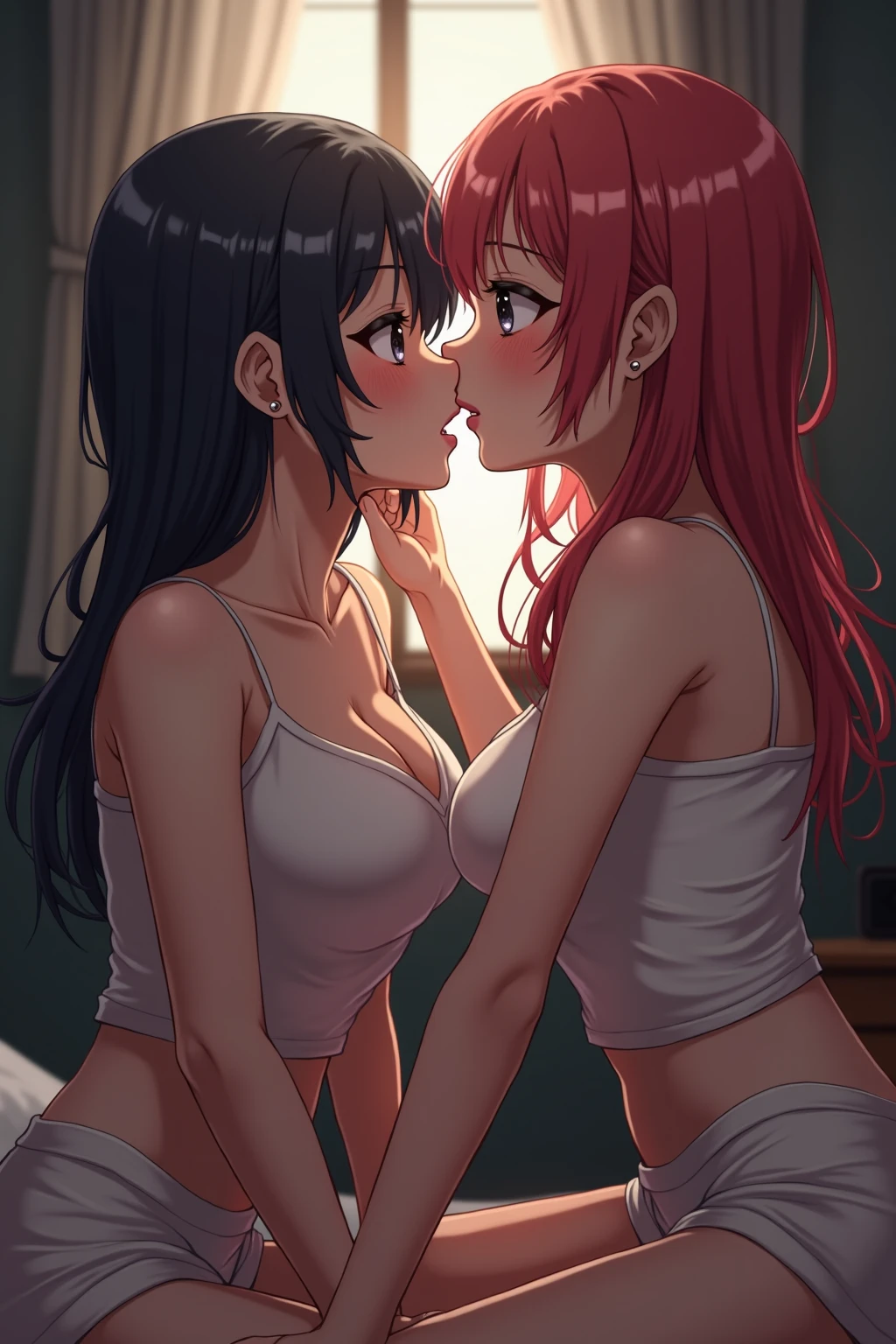 2 girls , bed,Yukinoshita Yukino , Yuigahama Yui , kiss ,Drool,underwear,,white bra,white panties ,pink bra,pink panties,