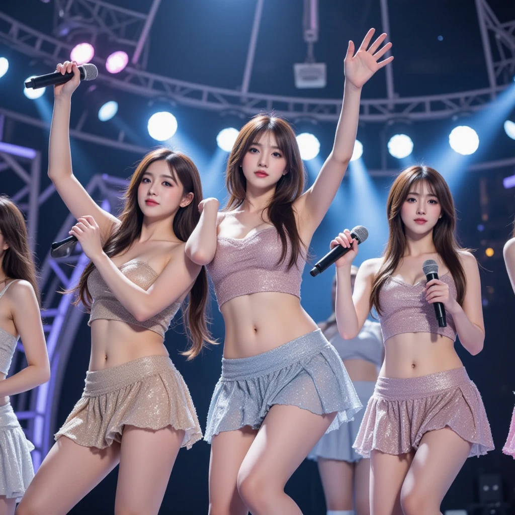 Two beautiful women、18year old 、body shot、A smile、80mm、Idol stage、NSFW、Sing with a microphone