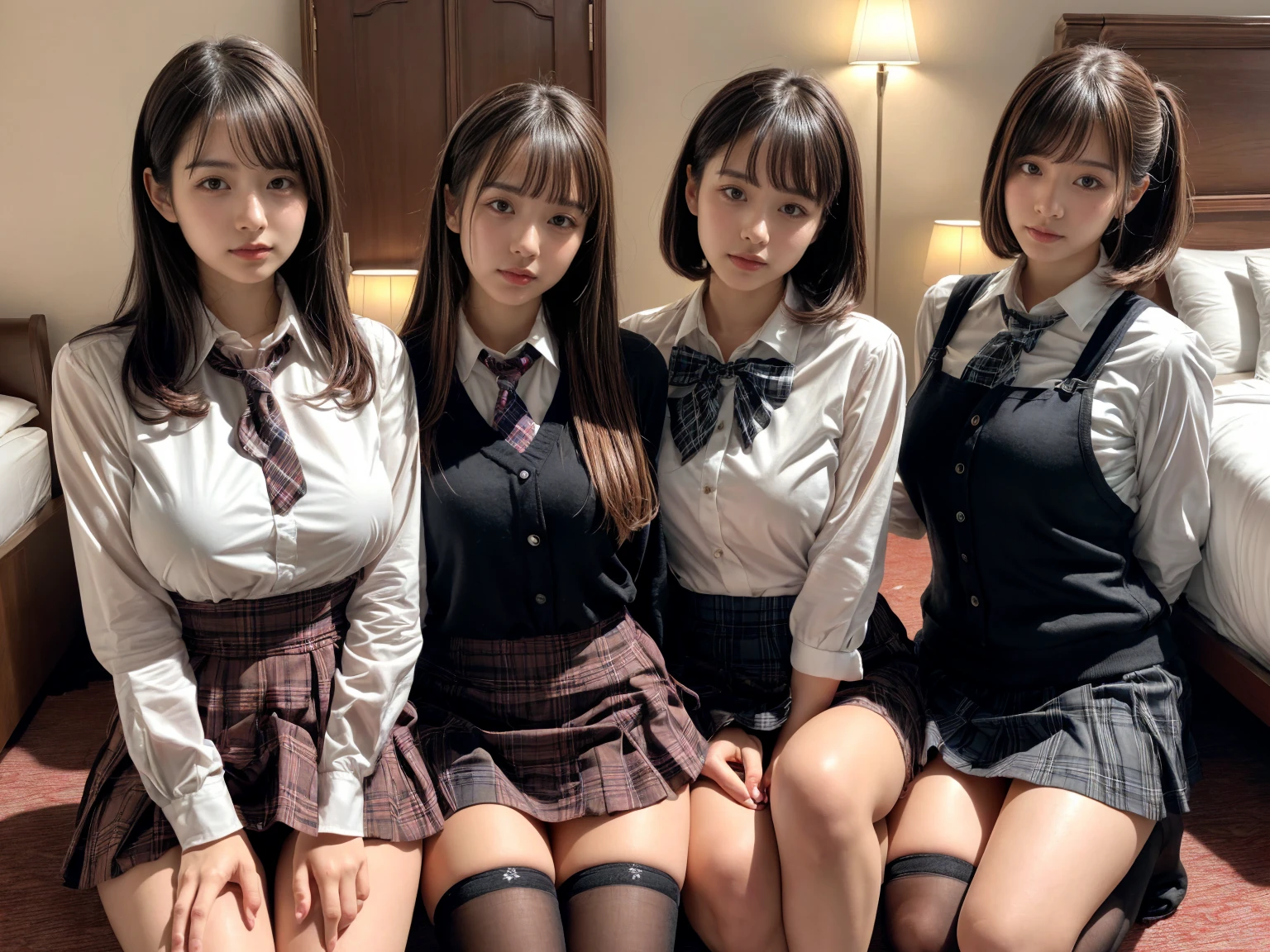 NSFW,((sex)), ((masterpiece)), ((highest quality)), (Super detailed), ((cute)), cute, (Multi-point), ((sexy)), (device), ((very detailed)), 4k, (8k), highest quality, (beautiful), hyper cute face, shape, anime style,hyper genuineistic, genuine, dynamic angle, ((full body)), close, thick outline, clear outline, on school, (three girls, 3 cute girls:1.5), (school girl uniform :1.5), beautiful light brown hair, beautiful brown eyes, ((beautiful eyes)), (leaning forward:1.5), (upskirt:1.5), short hair, big breasts, smile