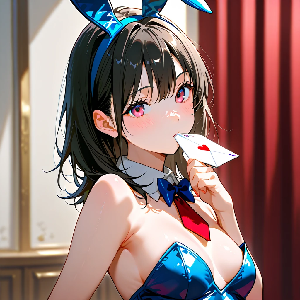 slender, mature female, card, fishnets, fishnet_legwear, animal_ears, playing_card, bunnysuit, rating:safe, bunny_ears, long_hair, leotard, pantyhose, breasts, bow, 1girl, detached_collar, holding_card, bowtie, strapless, black_leotard, solo, gloves, black_bow, black_neckwear, strapless_leotard, bare_shoulders, wrist_cuffs, looking_at_viewer, cleavage, fake_animal_ears, elbow_gloves, black_gloves, black_hair, bangs, bunny_girl, black_hairband, brown_eyes, large_breasts, cowboy_shot, eyebrows_visible_through_hair, hairband, fake_tail, heart, bunny_tail, brown_hair, tail, closed_mouth, from_above, sidelocks, medium_breasts, holding, standing, collarbone, checkered