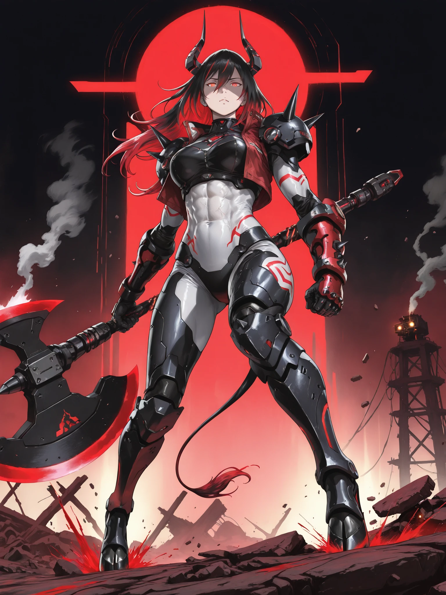(masterpiece, best quality, masterpiece, anime style, ultra-detailed 8k, dark cinematic lighting:1.4), (moody red emergency lights casting dramatic shadows), 1woman, (Techno-Berserker: towering cyber-enhanced female with glowing golden eyes, fury havy breath), (cyber-bovine traits: towering obsidian platform heels shaped like stylized hooves, curved mechanical horns with plasma cracks, segmented whip-tail with razor edges), (arms: one scarred human with tribal markings, one cybernetic with pulsing plasma veins), (hair: wild crimson mane with neon-blue streaks, floating as if charged with static), (armor: form-fitting tech bodysuit with hydraulic line implants, cropped top exposing defined abs, armored leggings with obsidian knee/leg plates), (jacket: short/open, tattered edges, layered over suit, spiked obsidian pauldrons/gauntlets), (weapon: colossal two-handed plasma axe, Lost Ark-style exaggerated design, blade crackling with unstable energy, dwarfing her frame), (physique: hyper-muscular (arms/thighs), veined with synthetic enhancement, radiating heat waves), (pose: standing atop a shattered war machine, axe dragged behind her, staring down the viewer as if challenging the next opponent), (background: high-tech combat arena in ruins, emergency sirens flashing red, smoke and floating debris), (effects: dynamic red lighting, neon blood splatter, distortion from rage energy), (art by Akihiko Yoshida and Kentaro Miura:1.3), (style: hyper-detailed cyber-fantasy, gritty textures), (color palette: obsidian black, blood crimson, neon plasma blue), (mood: feral dominance, apocalyptic intensity)