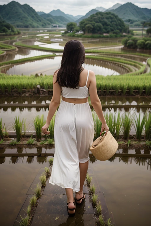 (masterpiece:1.3), (best quality:1.2), 8k, unity 8k wallpaper, (extremely detailed:1.3), highestres, highres, Amazing, illustration, beautiful studio soft light, 1girl, solo, skinny beautiful girl, (tea plantation:1.3), light particles, reflection, slender ass, pixie haircut, from behind, rear view, perfect eyes, perfect face