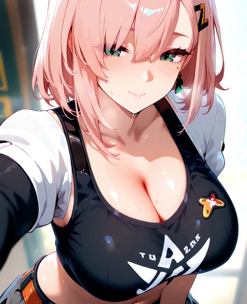 woman, curly red pixie cut hair, green eyes, wearing crop top black shirt, long black jacket, red plaid skirt, black fingerless gloves, exposed shoulders, large breasts freckles, cleavage, abs, looking at viewer, masterpiece, best quality, Holo-Punk Style