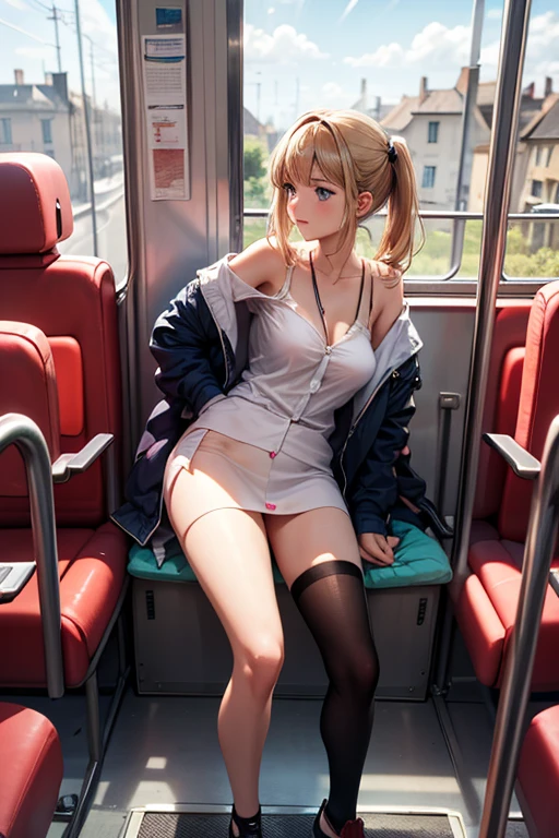 Woman in white shirt sitting on bus looking at mobile phone, wearing white camisole, Wearing a camisole, cleavage, Armpit, wearing tank top, wearing bra, sat down in train aile, belly button showing, Small breasts, arm around her neck, decolletage, tight around neck --auto