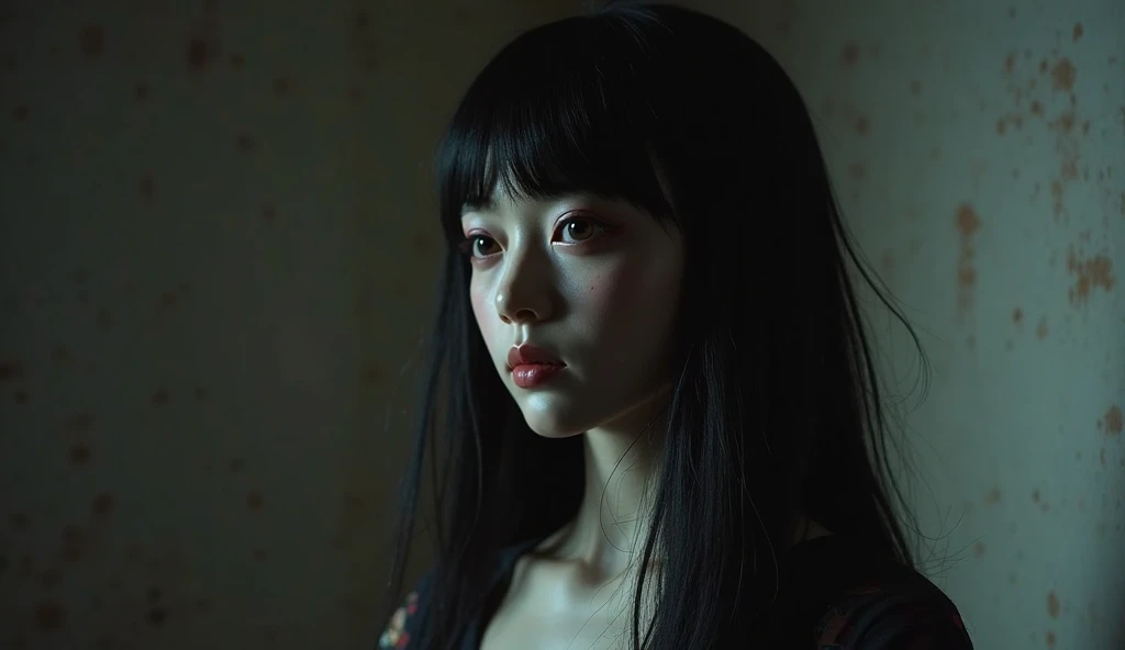 (best quality, masterpiece, ultra detailed), (anime:1.5)、woman is the main character、mysterious、Suspenseful Tone、Dark tones and shadows、A little creepy atmosphere、Surrealism、Dark fantasy、  Scenes where the main character changes appearance。Showing the transformation using special makeup and CG。