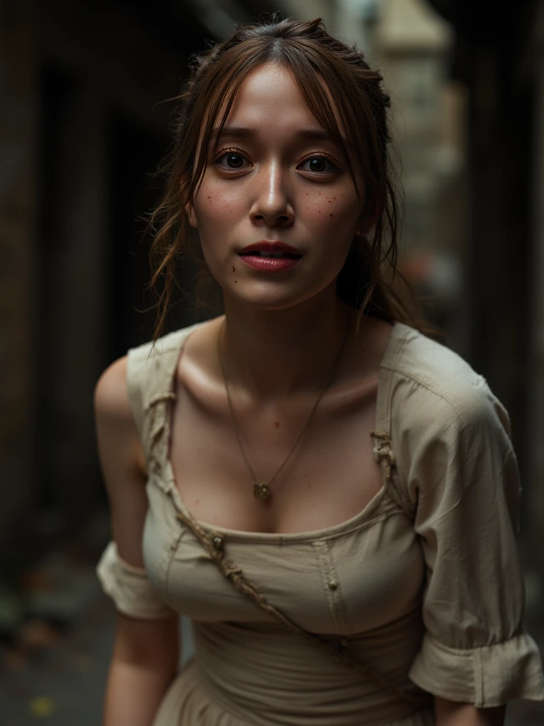 Girl sitting in a dungeon, torn peasant clothing, very large cleavage, defined abs, bruised, bleeding, sad, Metal shackle around neck, RAW photo, dslr, soft lighting, high quality, film grain, Fujifilm XT