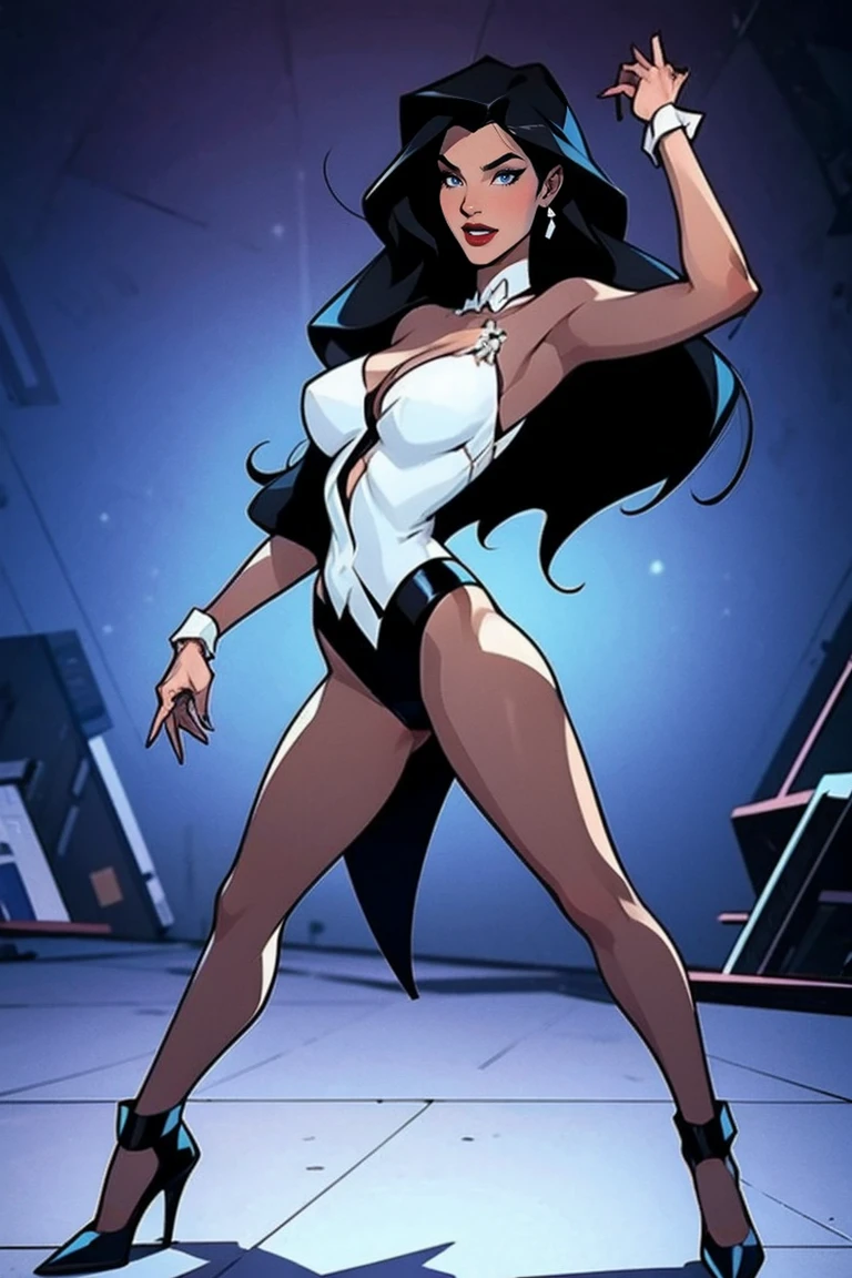 ((((masterpiece, best quality)))), ((30 year old)), (((Curvy))), ((Latina with long black hair that has curled bangs)), in ((white bra)), pulling up ((white high cut panties)), Dark eyes, ((Red lipstick)), ((Standing in a bathroom)), (((comic book art style)))