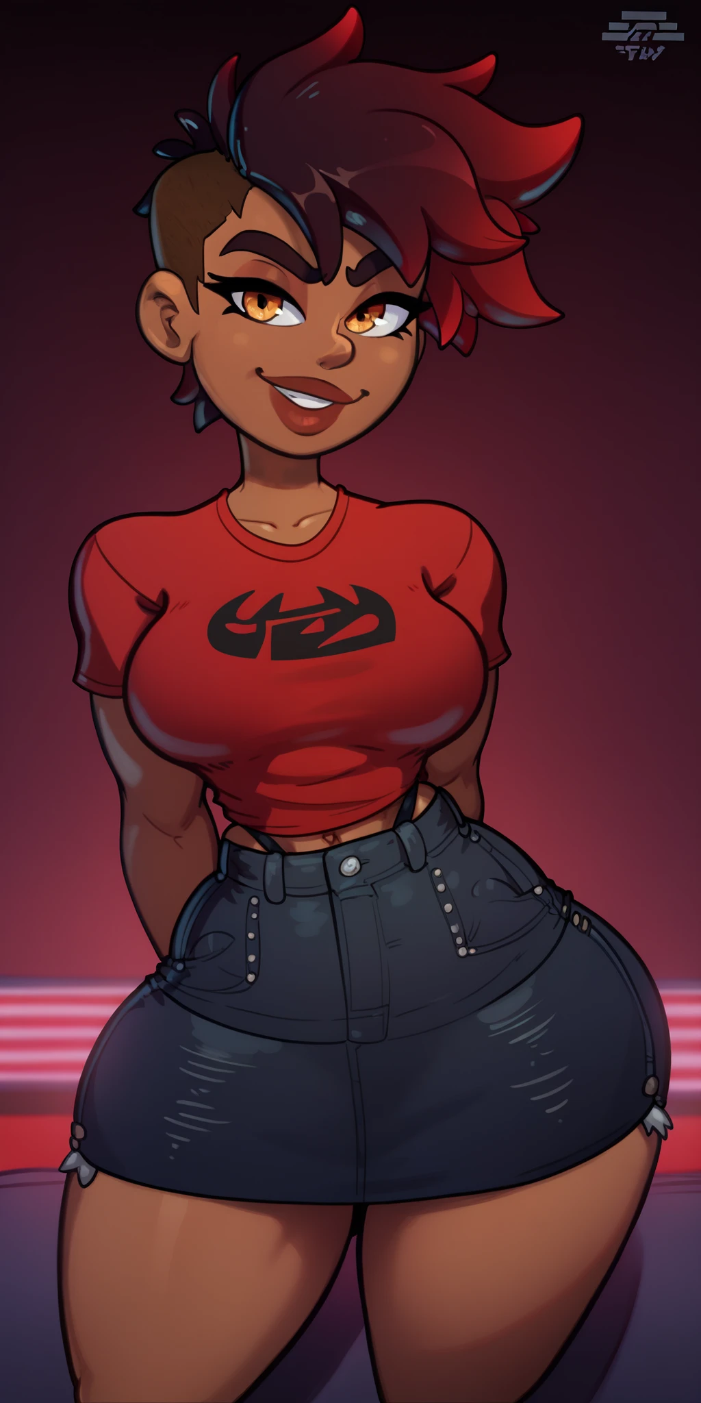 4K Quality, ((sexy smile)), ((black denim skirt)), (dark skinned tomboy), (black and red gradient hair), amber eyes, thick eyebrows, ((dark skinned)), ((red shirt)), toned body, ((thick thighs)), big breasted, (big ass), (facing the viewer), (full lips), (cowboy shot), (red neon bed room), night time city background, 