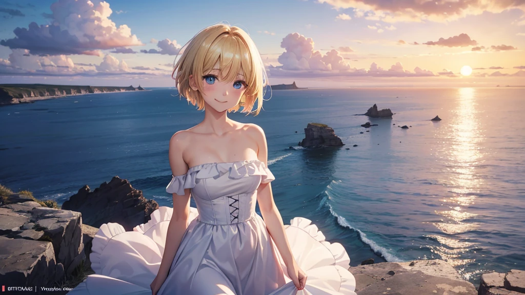 (Elementary school girl.7 years old.Height is 120 cm.Beautiful white skin.Slim body.Hanging eyes.Blonde.Very short hair parted in the middle.Beautiful Blue Eyes.Tight waist.Beautiful areola.ふっくらとしたNipples.The skin is radiant and glowing).(A tight, see-through white dress.Not wearing underwear.Your clothes are wet.Nipples).(1 person.Uyuni salt lake.Are standing.Hands clasped behind back.Hair fluttering in the wind.My whole body is wet with water.Look at me and smile)Perfect Face.High resolution.It's dynamic