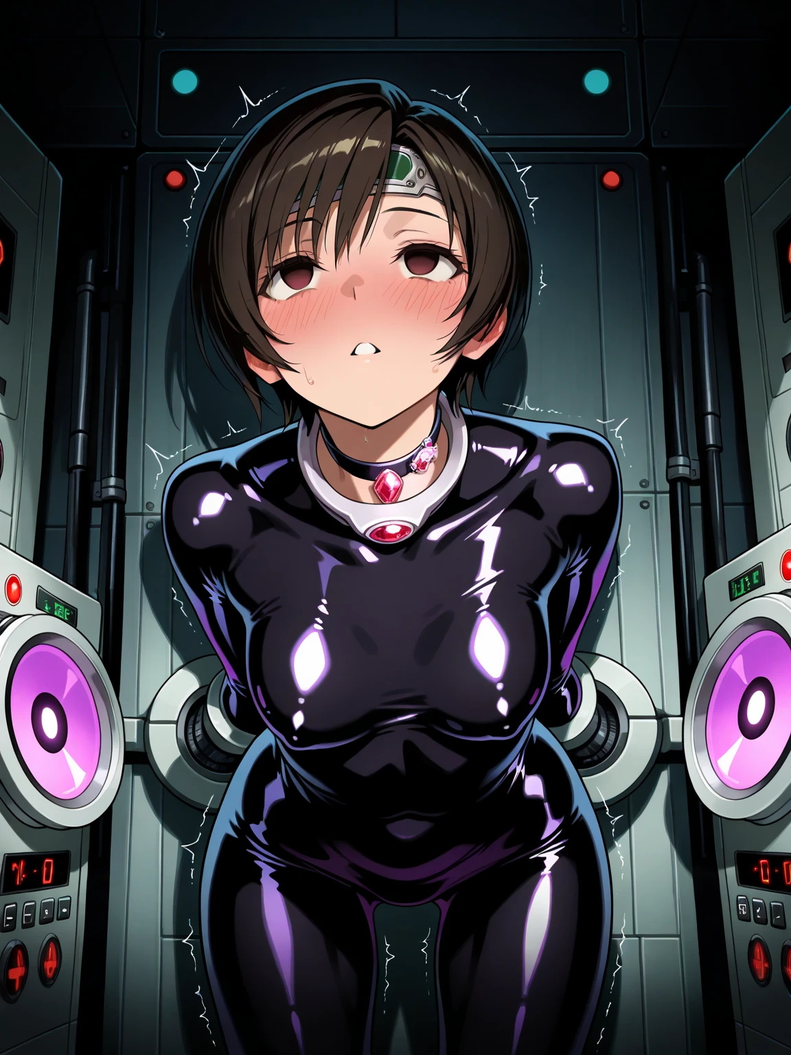 ((gothic vampire piloting in gothic spacecraft)), (((retro anime))), ((from below)), ((120 fov)), ((((gothic)) control panels)), (((mature))), (((gothic))), iridescent bodysuit, ((lace accessories)), ((pilot seat)), ((((lying back)) pose)), ((elegant)), (((serious tone))), ((cockpit top control panel)), intricate control panel details, (close-up), 1990s (style), masterpiece, ((claustrophobic)), best quality, screens, ((pilot helmet)), night, (colorful cockpit lights), sparkles, (serious face), [blushing], [sweat]