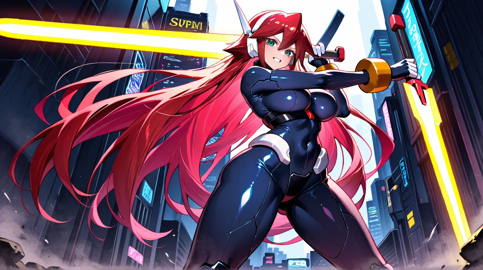 Masterpiece, very detailed, ultra detailed, one, (1 woman), athletic body, six press packages, she is in futuristic red armour with bright black details, with a large and detailed spear, in a stable and fighting position, super mature, tall, milf, mature mother, long hair, straight hair and straight bangs, bright red hair, red demonic horns, beautiful, charming, blood red eyes, elegant, big breasts, wise smile, charming, against the background of snow, ice and winter.
