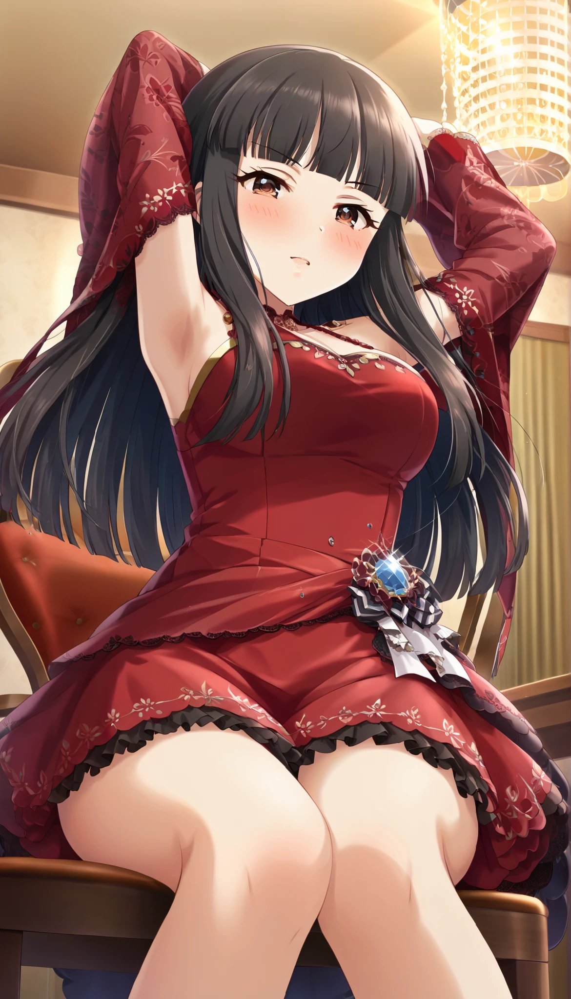 (NSFW), Exquisite Masterpiece, Mayuzumi Fuyuko, One Girl, Alone, Black Hair, Draped over her shoulders, Gold Earrings, Long Wavy Hair, Gazing into the Camera, White Blouse, Simple Backdrop, Heart-shaped Earrings, Long Sleeve, Red Heart Print, Black Hat, Black Shirt, Frilled Choker, Emphasized Chest, Brown Eyes, Choker with Red Gems, Blunt Bangs, Upper Body Focus, Beret positioned to the side, Medium Chest, Brown Pleated Skirt, Frills at the Sleeves, Manicured Fingernails with Red Polish, R