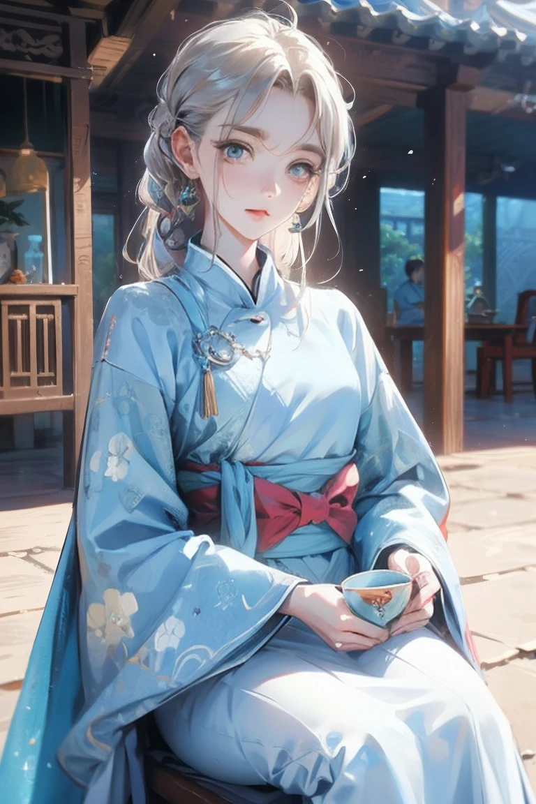 table top, highest quality, High resolution,Portrait, (((Detailed description、8K resolution))), (((Beautiful face drawn in every detail))),full body angle,grinning expression、alone, bright light blue eyes, ((beautiful silky silver hair、short bob、short cut hair))、(((Beautiful Ao dai:1.3、Ao dai,Beautiful White Ao dai)))、outdoor、Lake Lotus