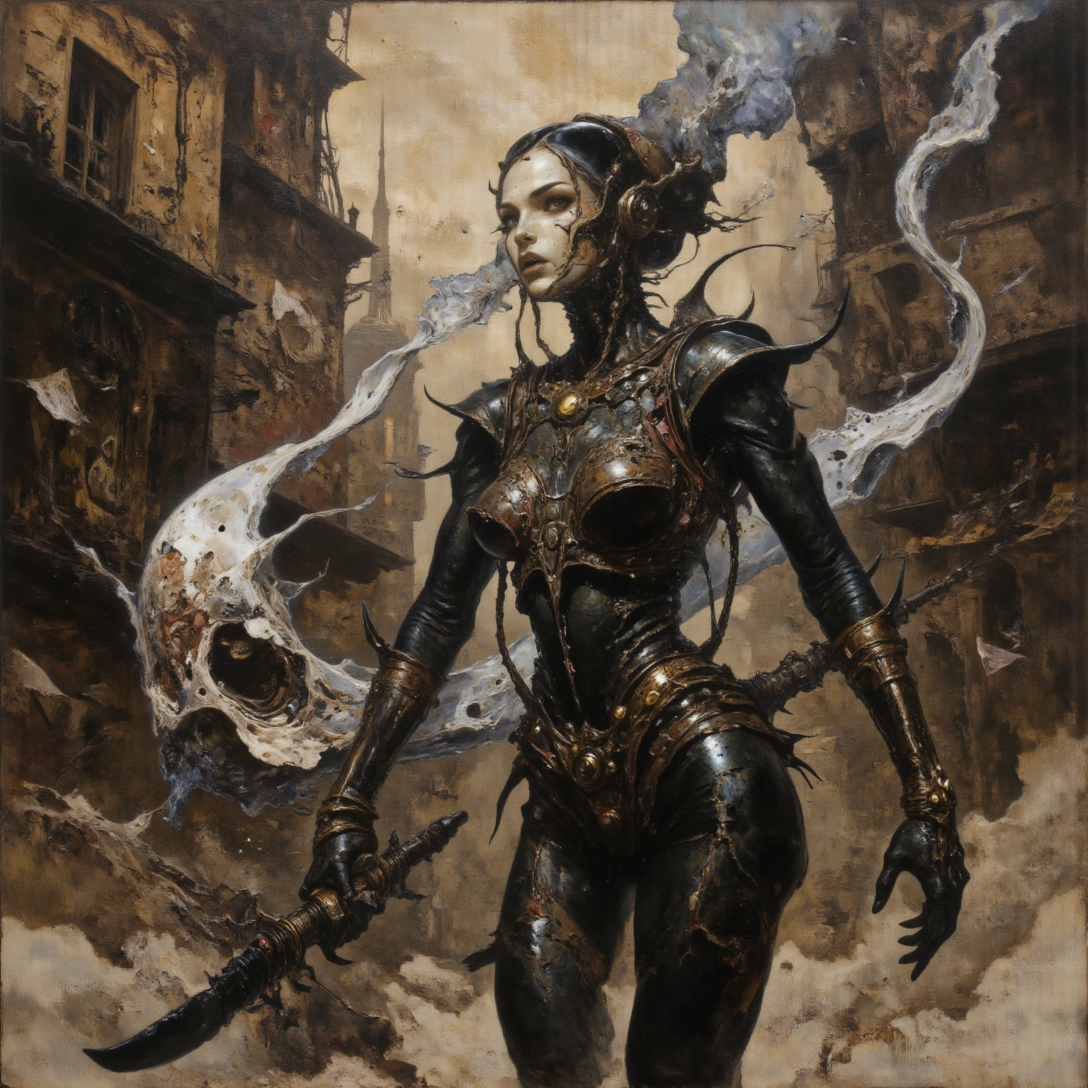 best quality,4k,8k,highres,masterpiece:1.2,ultra-detailed,realistic:1.37,HDR,UHD,studio lighting,ultra-fine painting,sharp focus,physically-based rendering,extreme detail description,professional,art nouveau,tarot card style, (2characters), dynamic angle, fierce expression, Full body, alien female,creatures from outer space, JnTrp, (An alien female is resurrecting an ancient warrior from the dead:1.5), she is raising the undead, (she is infusing spiritual energy into the warrior's corpse:1.37), (the warrior's corpse is lying on the ground), (several blood strings flows into the warrior's corpse:1.4), fractalized, organic exoskeleton,glass exoskeleton,alien flora,(bioluminescent fungi),vivid colors,pale red hues,trending on cgsociety,landscape,horror,sci-fi,concept artists,bright and vibrant colors,dreamy lighting