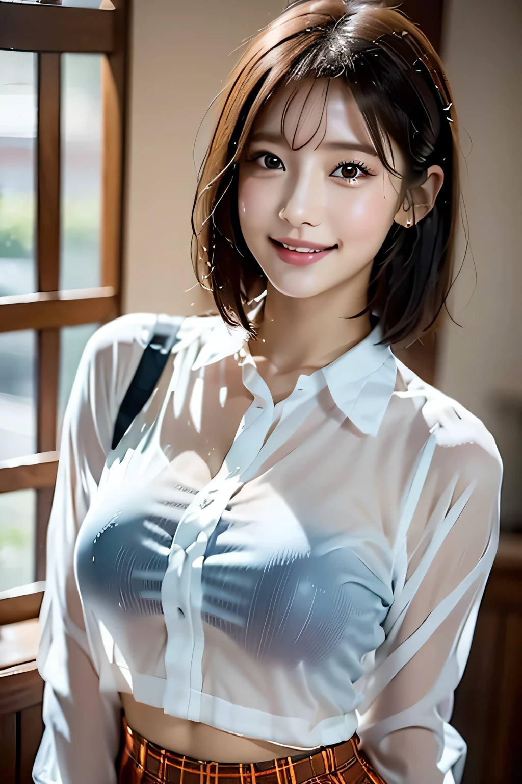 ((masterpiece))、((Highest quality))、photograph、reality、High resolution、Advanced Depth of Field、Very detailed、Realistic lighting、Married women、30th generation、Delicate facial features、Short Bob、Disheveled Hair、Realistic background and accessories、Big ample breasts、Sexy smile、Captivating Gaze、Office at night、Grey see-through shirt、that'that'In the dark、From above、Bust Shot、