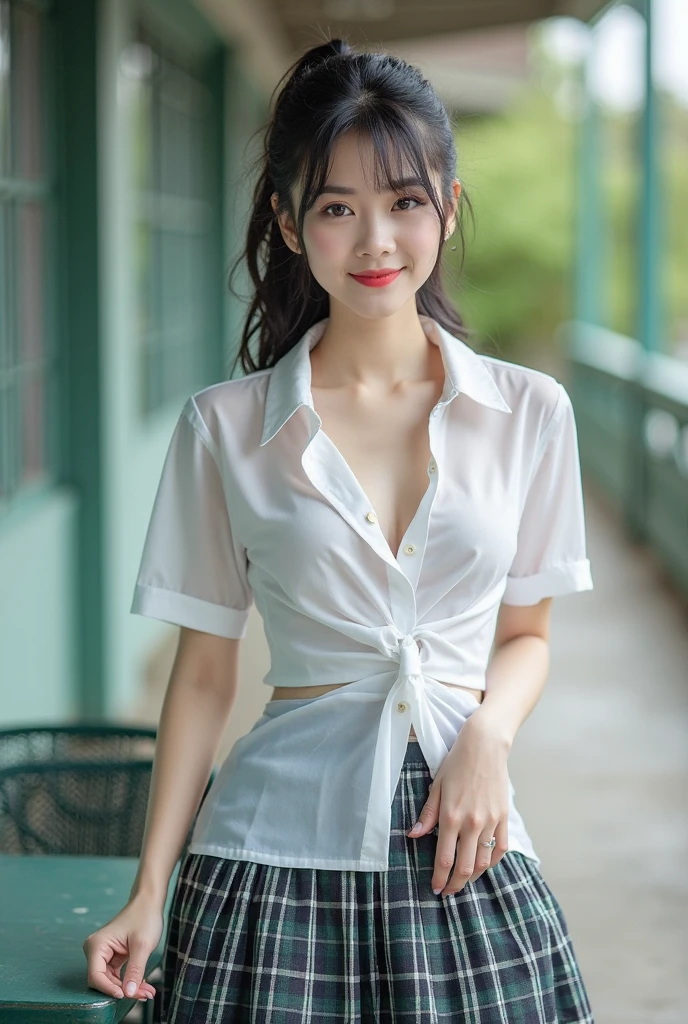 Black Bra、White collared shirt,jeans,outdoors,Urban Park,On the lawn,One woman,close up face,fully body photo,masutepiece, The highest image quality, High quality, the background is clear,Beautiful woman, Japanese, Detailed, Ultra-detailed, finely detail, hight resolution, 8K Wallpaper, Perfect dynamic composition, Beautiful detailed eyes ,Detailed eyes, Detailed skin, Beautiful skin, 超hight resolution, (reality: 1.4),Very beautiful woman, Slightly younger face, Beautiful skin, slender, (Ultra photo realsisim), (hight resolution), (8K), (Very detailed) (beautifully detailed eyes), (super detailed), (Detailed face), view the viewer, Fine details, Detailed face, Staring straight ahead, Staring straight ahead, photos realistic, Bright lighting, Professional Lighting, Black hair,poneyTail,a baby face,sixteen years old,Hairstyle: ponytail,Long ponytail hairstyle,slight smile,