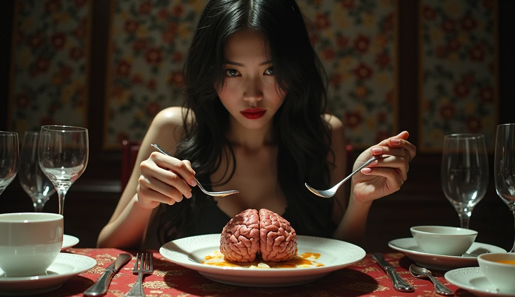 Create a high-resolution, surreal photo portrait of a woman with a brain in a bowl on a table. The scene should blend eerie, thought-provoking elements with a dream-like, surreal atmosphere. The woman should be depicted as a figure of contemplation and introspection, with a juxtaposition of the organic and the surreal.
Design the setting to be minimalist and mysterious, with a stark, dimly lit room that enhances the surreal nature of the scene. Place a simple wooden table in the center, upon which rests a clear glass bowl containing a human brain immersed in a clear, viscous liquid. The brain should appear alive and vibrant, with veins and neural networks faintly visible through the translucent surface.
The woman should be seated or standing beside the table, with an expression of curiosity and intrigue. Her attire should be understated yet elegant, with subtle details that complement the surreal theme of the composition. Her gaze should be focused on the brain in the bowl, reflecting a blend of fascination and introspection.
Incorporate surreal elements into the scene, such as soft, ambient lighting that casts gentle shadows, abstract shapes or patterns on the walls that hint at deeper meanings, and a sense of stillness that adds to the contemplative mood. The overall atmosphere should evoke a sense of mystery and intellectual curiosity, drawing the viewer into a world where the boundaries between science and surrealism blur.
Ensure the composition captures the essence of surrealism and introspection, creating a thought-provoking and visually striking photo portrait of a woman with a brain in a bowl.