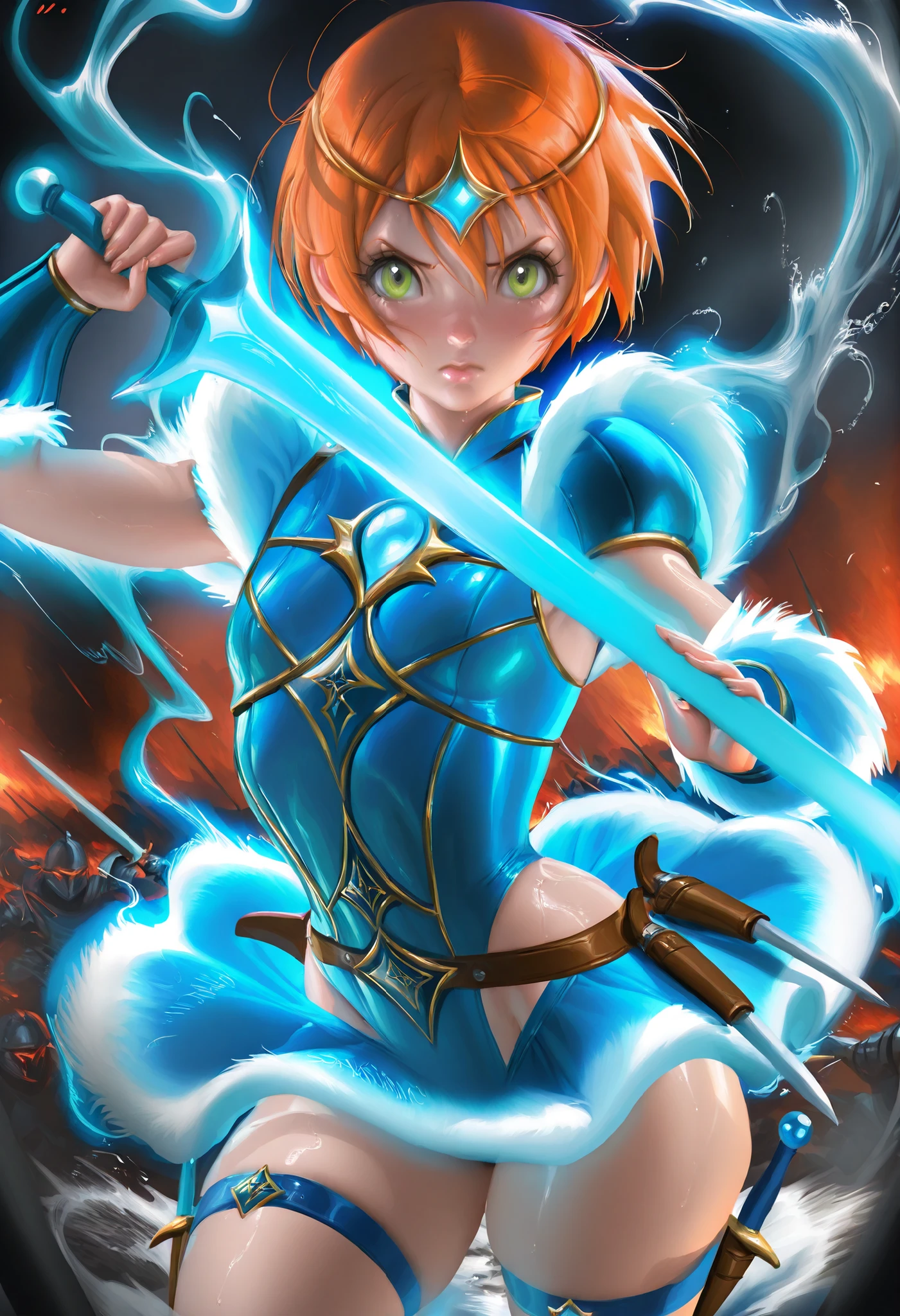 (Eggie,afloat,A unique floating world with high saturation,Spiral sword,orange color hair,Air combat,dynamic compositions,Sparks fly,Charming,Bokeh background,Romantic light and shadow,Exotic)